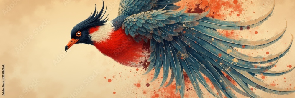 Fototapeta premium A vibrant, stylized bird in flight, showcasing bright colors and dynamic feathers. Perfect for artistic, nature-themed designs or environmental projects.