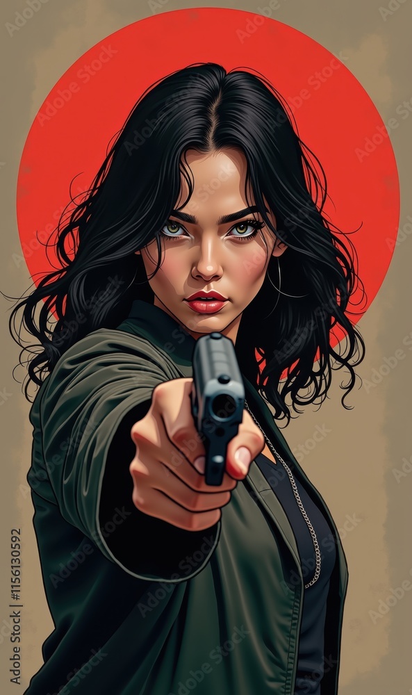 A striking illustration of a fierce woman holding a gun, exuding confidence and strength, perfect for action-themed projects in gaming, film, and graphic novels. A striking illustration of a fierce woman holding a gun, exuding confidence and strength, perfect for action-themed projects in gaming, film, and graphic novels.