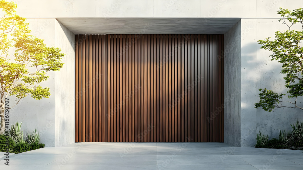 Fototapeta premium Minimalist solid timber gate with vertical grooves and a seamless edge, framed by a concrete facade, leading to a luxury eco-friendly residence