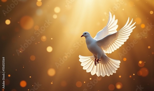 A serene white dove in flight, symbolizing peace and hope against a warm, glowing background. Perfect for spiritual and motivational themes. photo