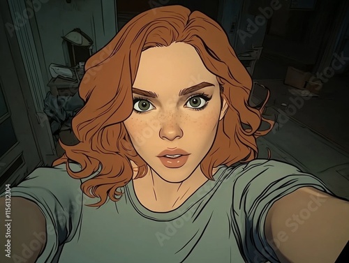An artistic illustration featuring a girl with red hair taking a selfie. The cartoon style image emphasizes expression and vibrant storytelling elements and emotions.