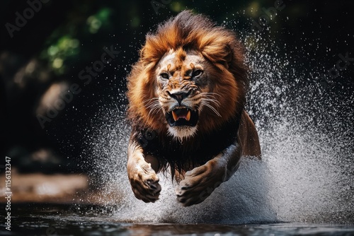 A fierce lion leaps through splashing water with a powerful expression, capturing the wild beauty and strength of nature in a dynamic and intense motion scene.