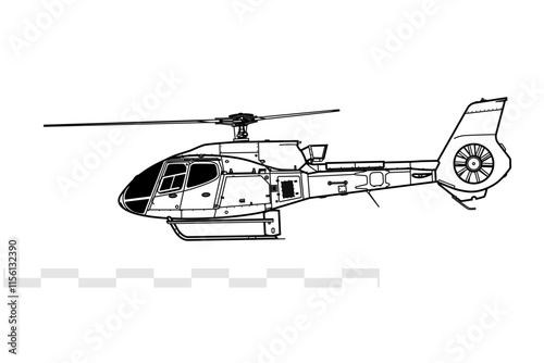 Airbus Helicopters H130. Eurocopter EC130. Vector drawing of light utility helicopter. Side view. Image for illustration and infographics.