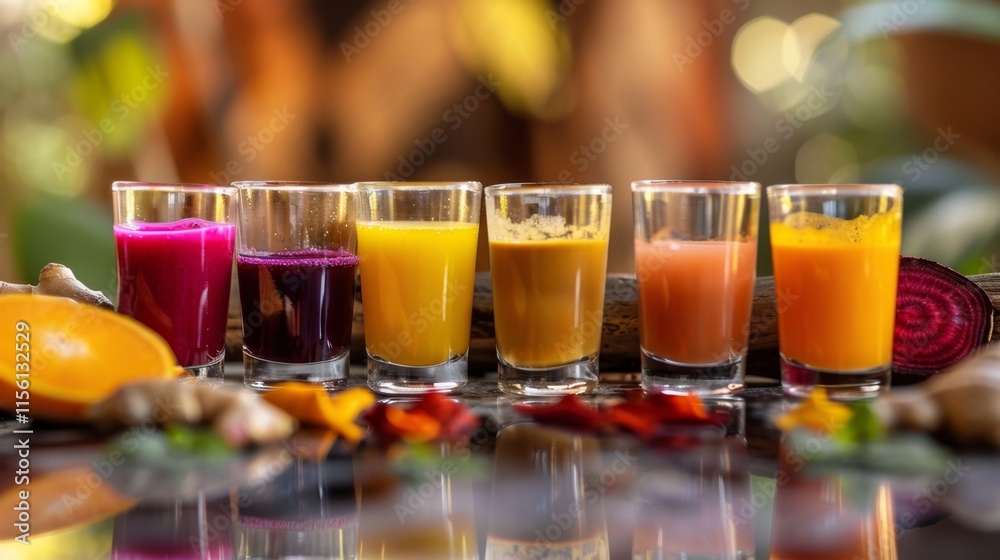 Colorful variety of fresh vegetable and fruit juice in glasses for healthy living Colorful variety of fresh vegetable and fruit juice in glasses for healthy living