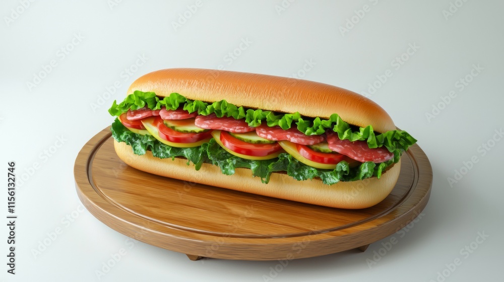 Delicious sub sandwich with fresh ingredients presented on a wooden platter Delicious sub sandwich with fresh ingredients presented on a wooden platter