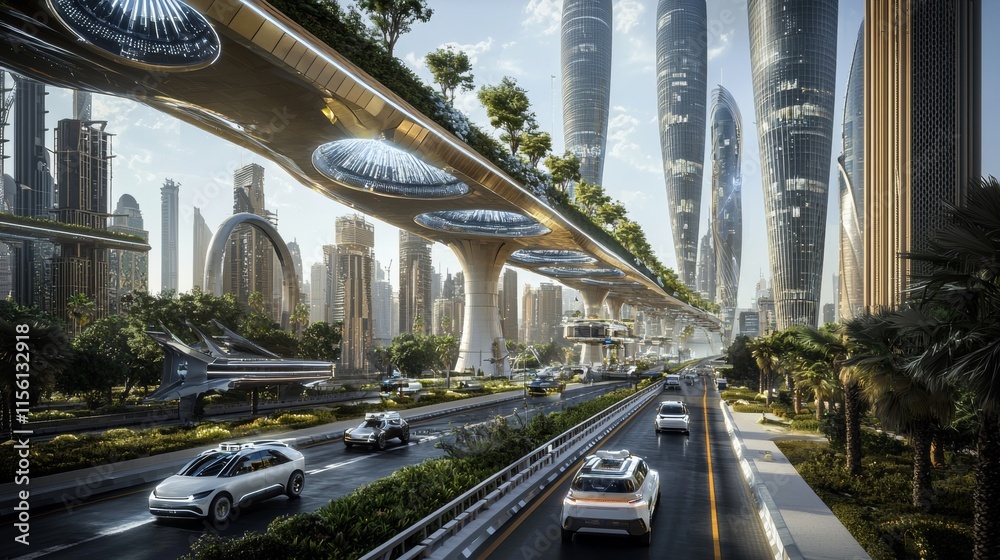 Fototapeta premium Futuristic cityscape featuring elevated transportation and modern architecture in a vibrant urban environment