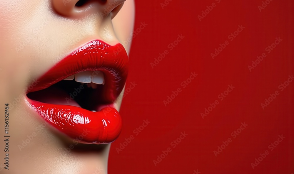 Obraz premium Close-up of beautifully painted red lips on a striking red background, perfect for beauty and cosmetics marketing, fashion campaigns, or lifestyle content.