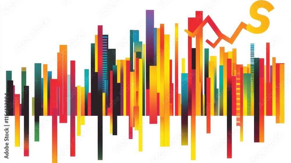 Abstract colorful cityscape graphic with upward trend line and dollar sign, representing financial growth and urban development. Abstract colorful cityscape graphic with upward trend line and dollar sign, representing financial growth and urban development.