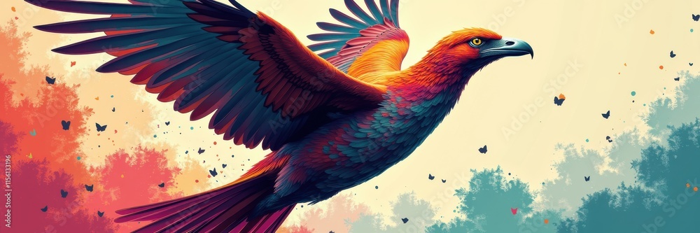 Fototapeta premium A vibrant and artistic depiction of a bird in flight, symbolizing freedom and creativity, perfect for projects related to nature, art, and inspiration.