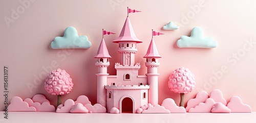 A whimsical pink castle with clouds and trees, perfect for children's themes, fairytales, and creative projects that inspire imagination and playfulness. photo