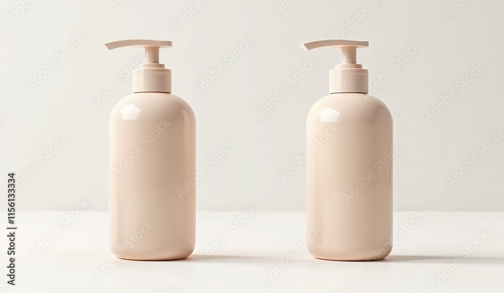 Two elegant beige bottles with pump dispensers arranged on a soft background Two elegant beige bottles with pump dispensers arranged on a soft background