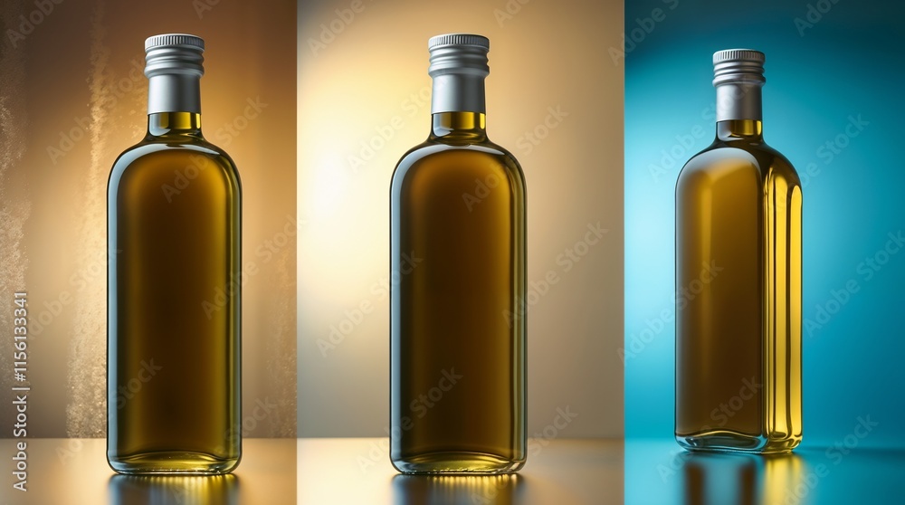 Three glass bottles filled with amber liquid, each against a different colored background Three glass bottles filled with amber liquid, each against a different colored background