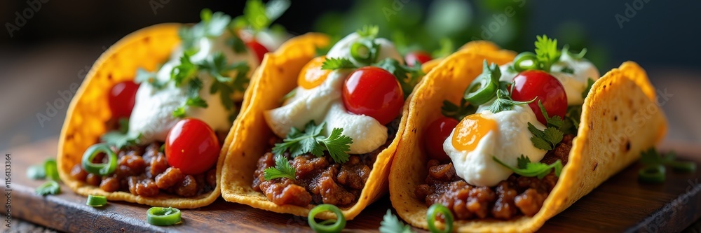 Delight in these vibrant, freshly prepared tacos loaded with savory beans, topped with tomatoes and sour cream, perfect for food marketing or culinary projects.