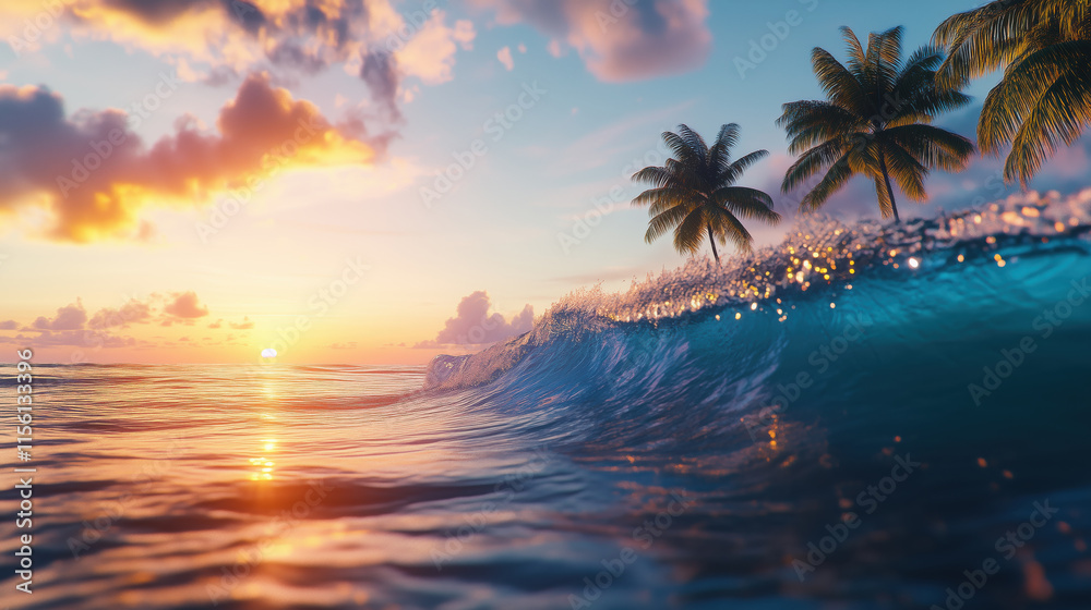 Close-up image of foamy waves of clear turquoise ocean and sunset beach with tropical palms Close-up image of foamy waves of clear turquoise ocean and sunset beach with tropical palms