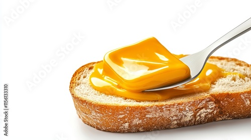 Detailed view of butter being spread on warm bread, soft and creamy texture, knife edge creating smooth layer, isolated on white photo