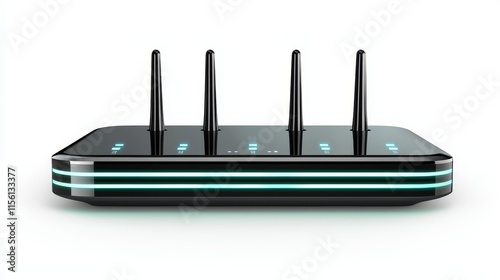 Isolated wireless router, multiple antennas pointing outward, high-quality black finish, clean and modern technology design