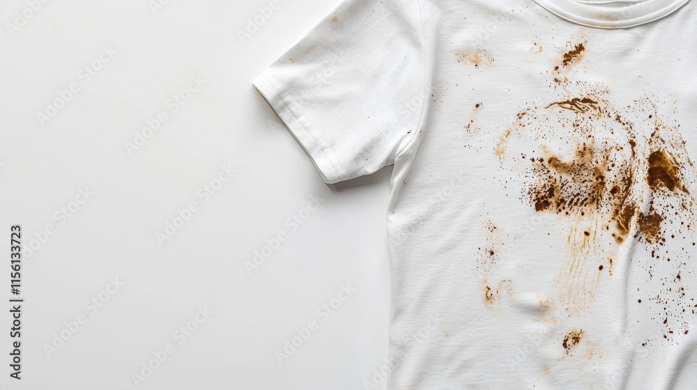White T-shirt stained with dirt and food residue lying on a plain background during daylight hours White T-shirt stained with dirt and food residue lying on a plain background during daylight hours