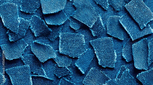 Distressed blue jeans fabric, torn edges, intricate denim fiber details