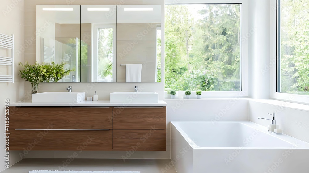Fototapeta premium Bathroom cabinet storage. A modern, bright bathroom featuring a double sink vanity, large mirrors, a bathtub, and a window with greenery outdoors.