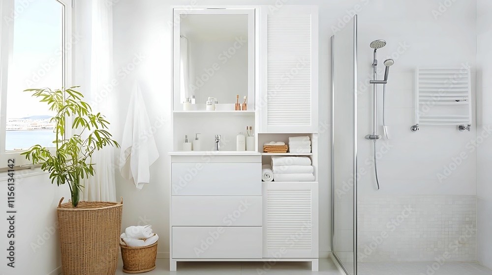 Bathroom cabinet storage. A modern bathroom featuring a sleek white cabinet, glass shower, and greenery for a fresh, inviting atmosphere. Bathroom cabinet storage. A modern bathroom featuring a sleek white cabinet, glass shower, and greenery for a fresh, inviting atmosphere.