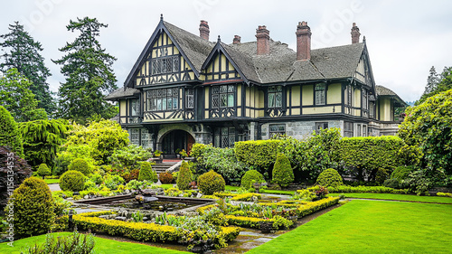 A beautifully restored Victorian mansion featuring large bay windows, intricate woodwork, and a manicured garden, exuding charm and elegance in every detail. photo