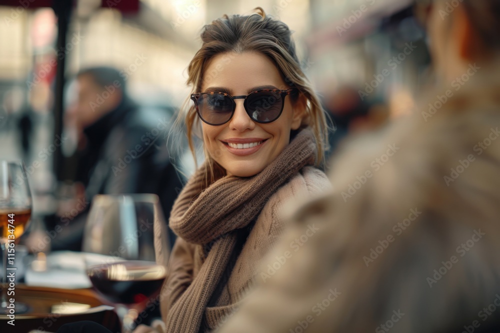A stylish woman in sunglasses, smiling outdoors with a glass of wine, creating a chic and elegant atmosphere. A stylish woman in sunglasses, smiling outdoors with a glass of wine, creating a chic and elegant atmosphere.