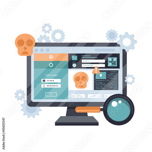 Malware concept. Concept of virus, piracy, hacking and security. Website banner of e-mail protection, anti-malware software. Computer Viruses Attack, Errors detected, Warning signs, Stealing data.