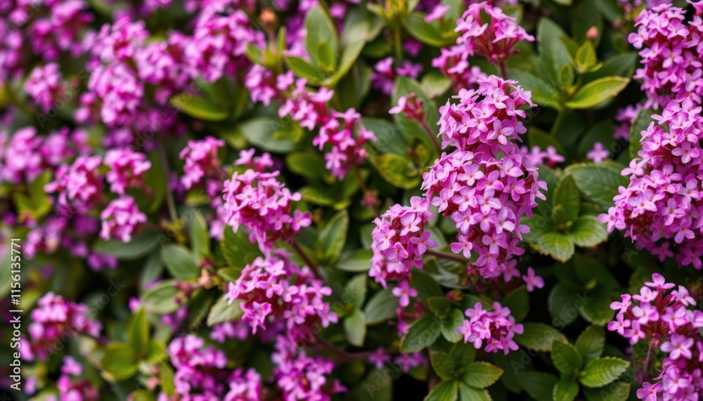 Vibrant pink flowers bloom in clusters amidst green foliage. Beautiful floral display ideal for garden design. Springtime natural beauty outdoors. Closeup view of vibrant colours. Ground cover floral Vibrant pink flowers bloom in clusters amidst green foliage. Beautiful floral display ideal for garden design. Springtime natural beauty outdoors. Closeup view of vibrant colours. Ground cover floral