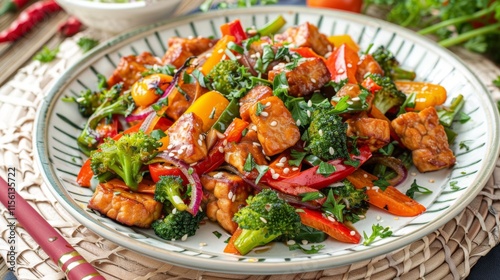 Healthy stir fry with tempeh and colorful vegetables for a vibrant meal presentation