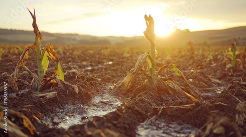 Rotting Crops in Sunlit Farmland at Sunset