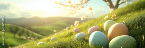 A peaceful spring landscape features colorful Easter eggs nestled in vibrant green grass, all under warm sunlight, symbolizing joy, renewal, and hope during the Easter celebration photo