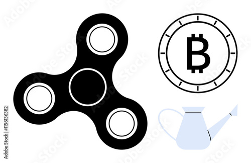 Fidget spinner beside Bitcoin symbol and watering can. Ideal for themes of finance, growth, trends, investments, digital currency, hobbies, and innovation. Line metaphor