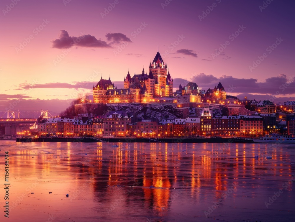 Obraz premium A stunning view of Château Frontenac Hotel illuminated at sunset, reflecting in the calm waters of St. Lawrence River, with a vibrant sky backdrop.