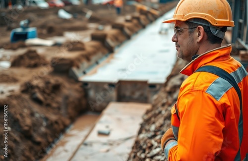 Construction worker observes excavation site. Worker in safety uniform examines drainage system. Construction site in progress. Worker supervising groundwork. Heavy machinery presence evident.