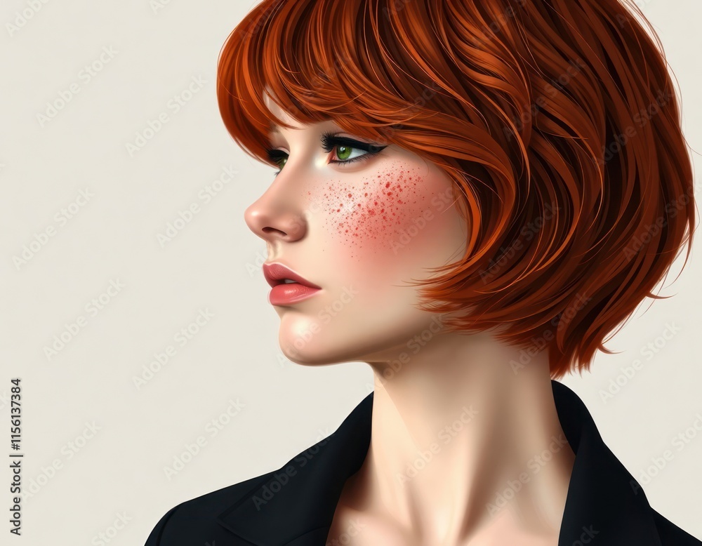 Stylish redhead woman with short hair, freckles poses in minimalist studio setting. Looks confident, chic. Natural beauty, simple makeup style. Modern fashion. Elegant earring. Casual attire. Photo Stylish redhead woman with short hair, freckles poses in minimalist studio setting. Looks confident, chic. Natural beauty, simple makeup style. Modern fashion. Elegant earring. Casual attire. Photo