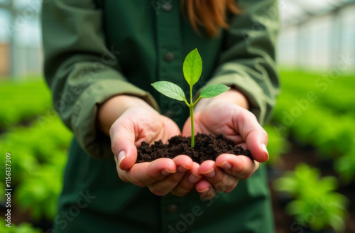 young female farmer in overalls holding sprouted seedling with roots and soil in her palms photo