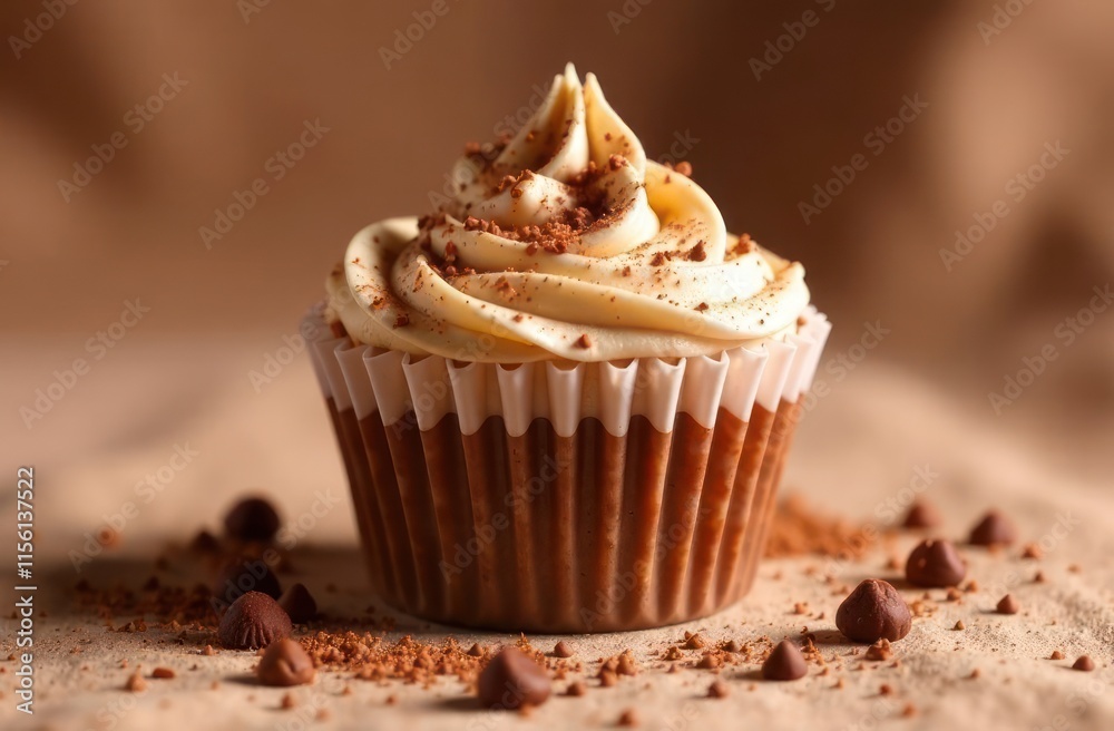 chocolate cupcake with creamy frosting on textured brown fabric backdrop. dessert concept for bakery menu, pastry promotion, or celebratory event. food blog or culinary advertising. chocolate cupcake with creamy frosting on textured brown fabric backdrop. dessert concept for bakery menu, pastry promotion, or celebratory event. food blog or culinary advertising.