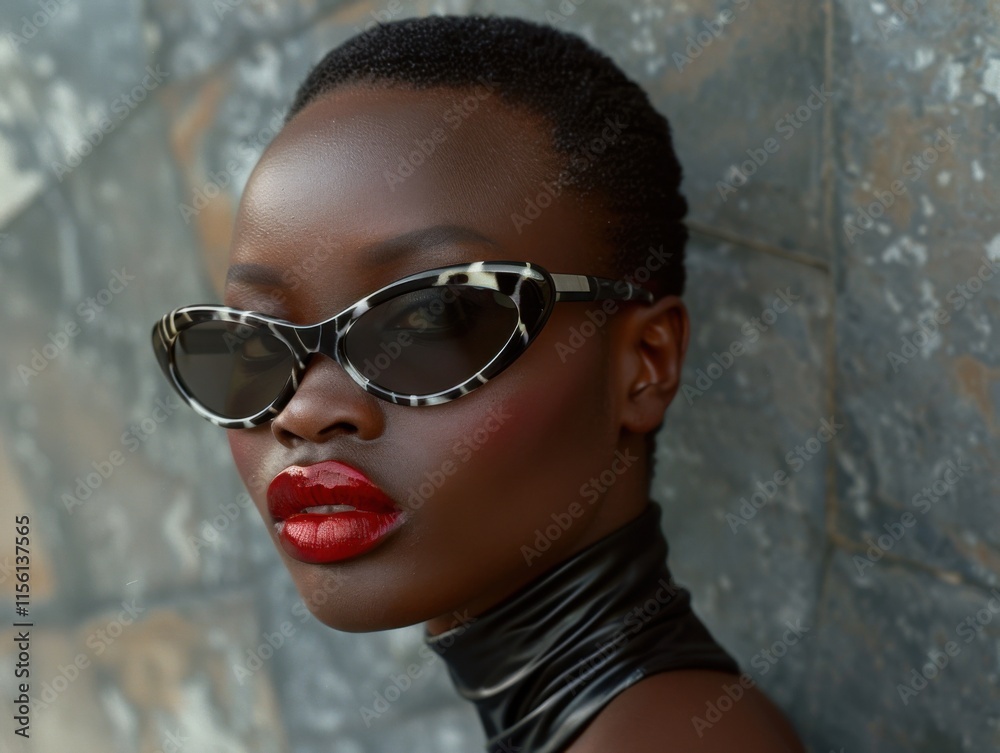 Close-up shot of a stylish woman wearing sunglasses and bold red lipstick, set against a textured background. Close-up shot of a stylish woman wearing sunglasses and bold red lipstick, set against a textured background.
