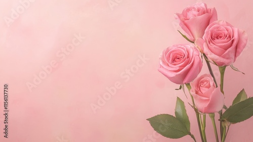 Delicate pink roses on a soft pink background, symbolizing love and beauty.