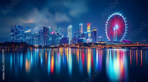 Nighttime Singapore Skyline Featuring Illuminated Buildings and Ferris Wheel