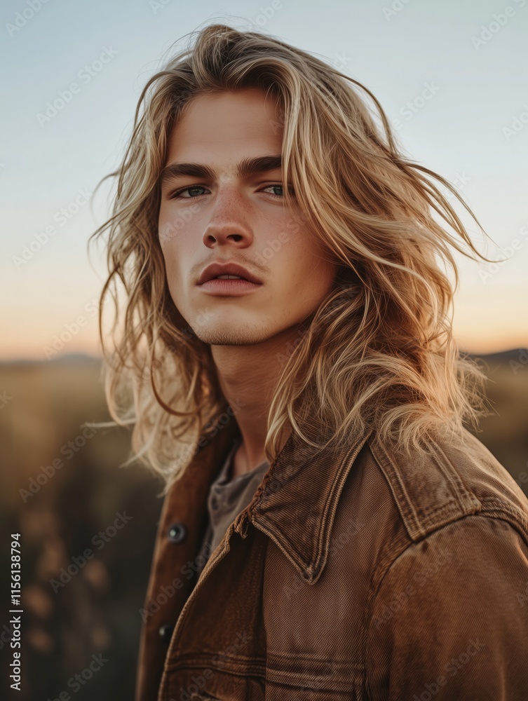 Blond male model posing in a field at sunset wearing a brown jacket