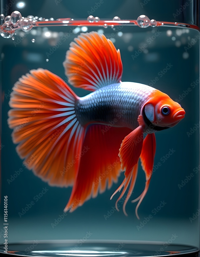 Fototapeta premium Vibrant Orange Betta Fish Graceful Fins Glass Tank Dark Background