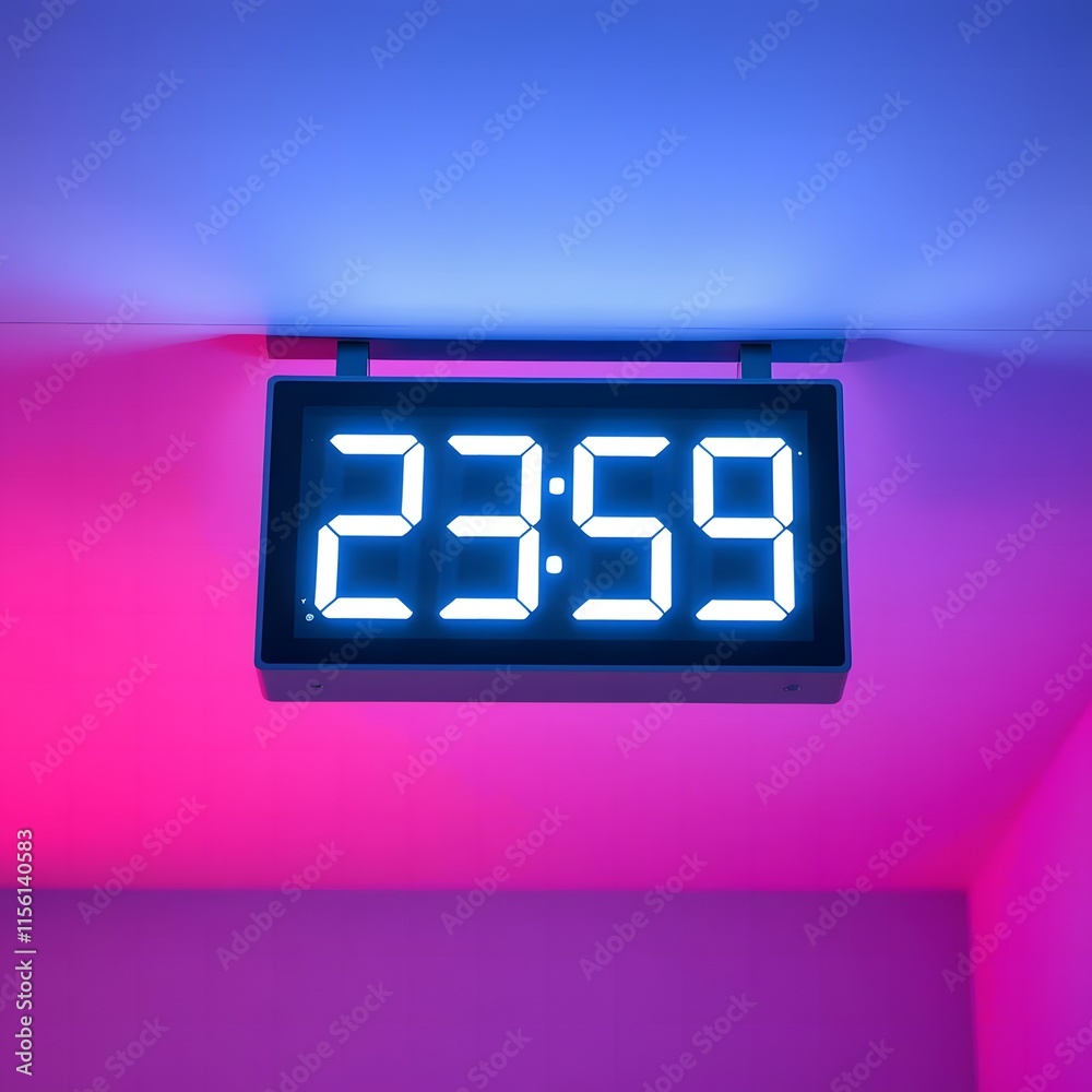 Digital Clock Displaying 23:59 with Bright Blue Digits and Gradient Blue-Pink Background