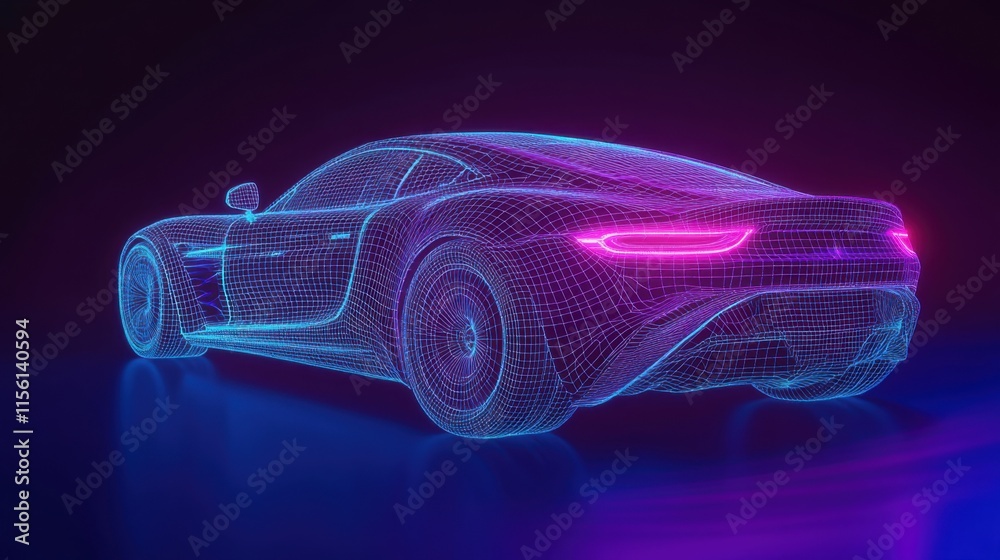 Naklejka premium Futuristic Wireframe Sports Car Design Neon Lights Digital Rendering 3D Model
