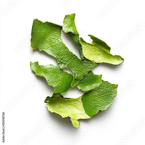 Fresh Kaffir Lime Zest Pieces Isolated on White Background photo