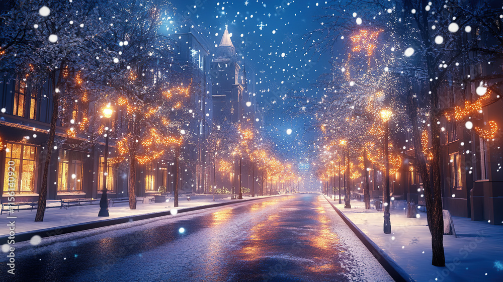 An Enchanting Anime-Style Winter Night Cityscape: A Magical Snowy Wonderland with Light-Covered Buildings and Deserted Street An Enchanting Anime-Style Winter Night Cityscape: A Magical Snowy Wonderland with Light-Covered Buildings and Deserted Street