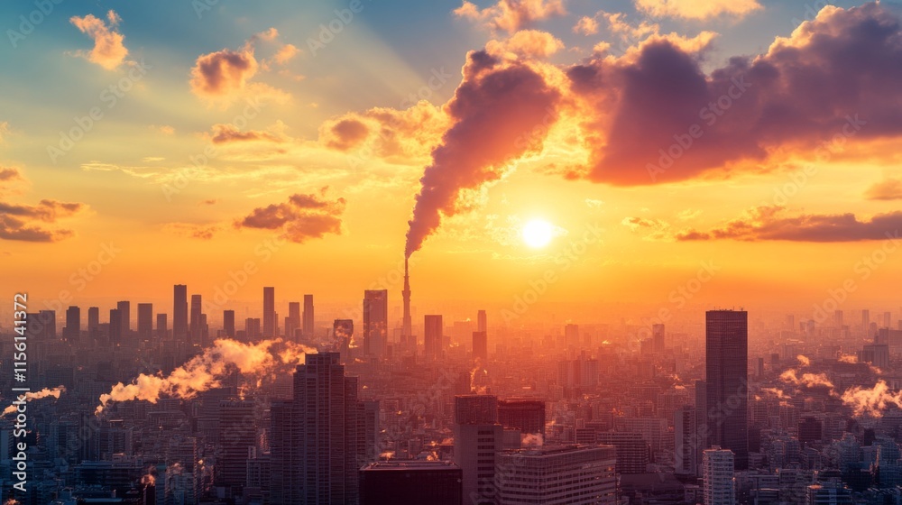 Fototapeta premium Pollution Sources in Urban Cityscape at Sunset