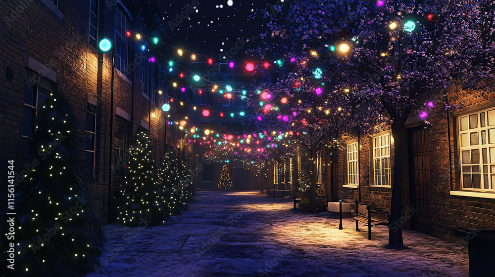 Obraz premium Night in the city Christmas scene with festive lights illuminating buildings, decorated trees, and sparkling street decorations.