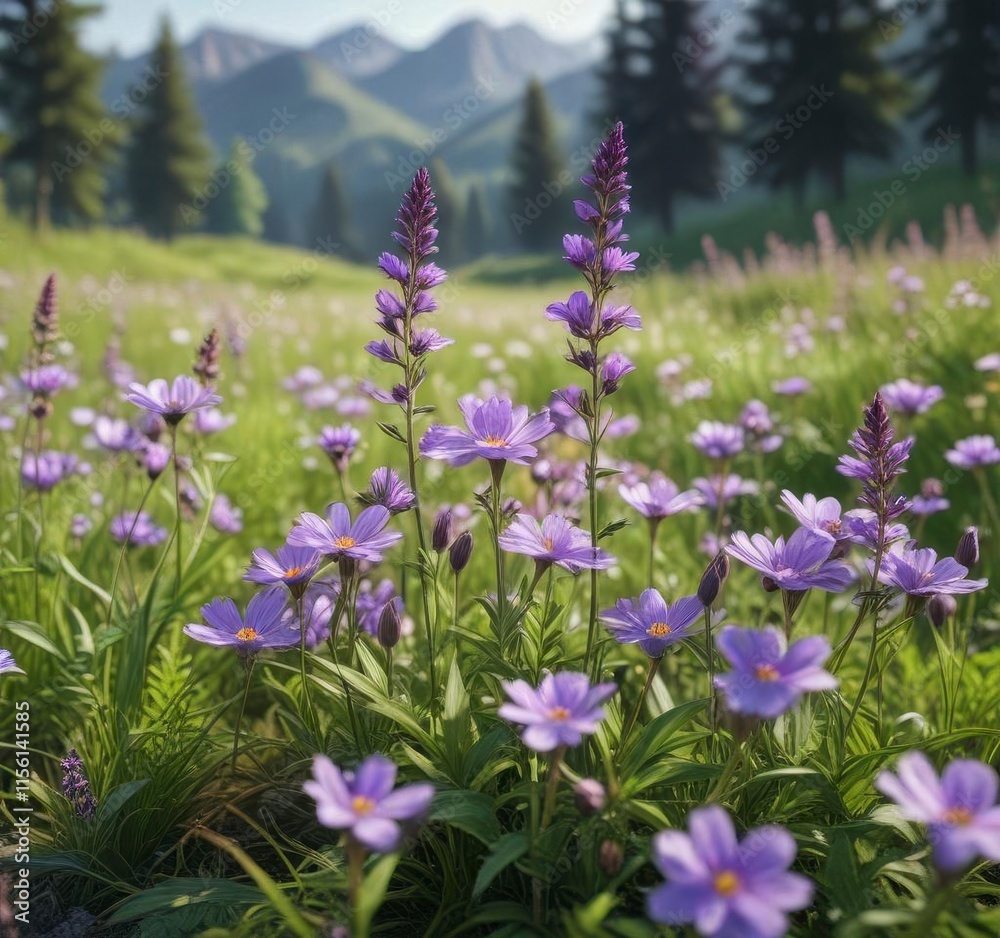 Obraz premium Delicate purple flowers blooming in a lush meadow, blooms, meadow