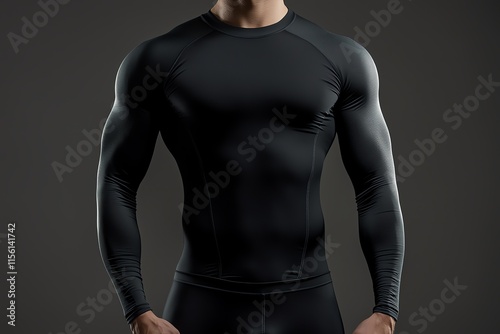 Sports compression shirt suspended in neutral space, moisture-wicking fabric texture, clean studio lighting, no distractions photo